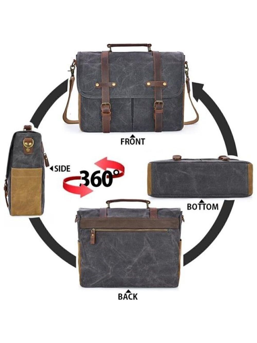 Messenger Bag Waterproof Vintage Genuine Leather Canvas Briefcase Laptop GRAY - Picture 6 of 7